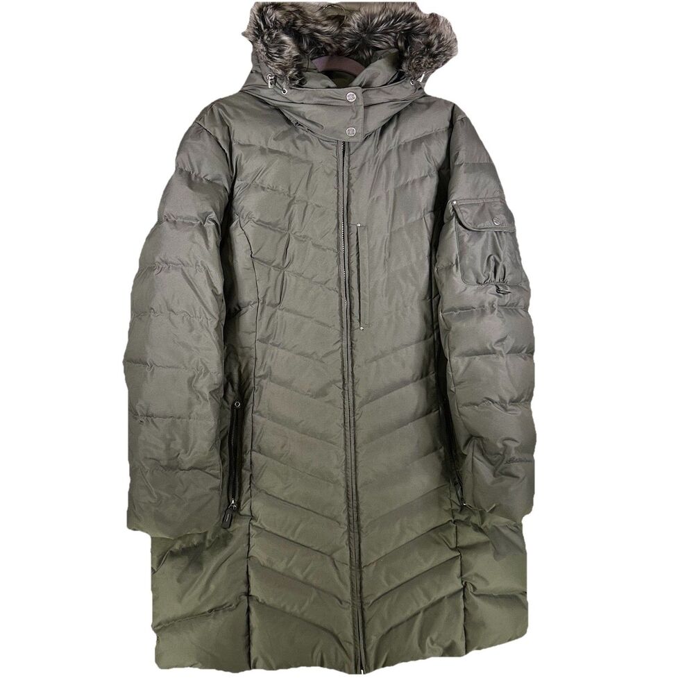 Eddie Bauer Sun Valley Down Puffer Parka Coat‎ Greenish Gray Faux Fur Hooded XXL